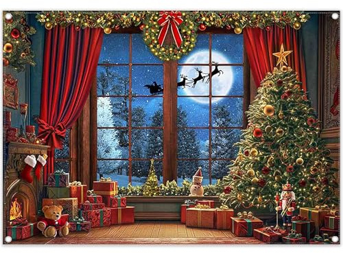 Luminora 8x6ft Winter Christmas Window Backdrop Trees Snow Forest Santa | Polyester Fabric, Claus Red Curtains Background, Kids Family Party Supplies, Banner Decoration, Outdoor Photo Booth