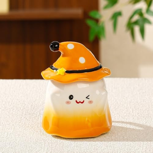 VollfitYYu cute Geistertasse mit Deckel Porzellan Geister Tasse Halloween Geschenk Kaffeebecher lustig Kaffeetasse mit Henkel für Milch Kaffee Kakao Saft (Orange)