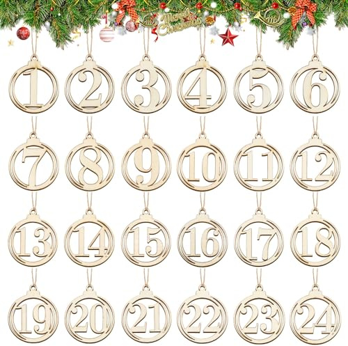 SANNIX Adventskalender Zahlen Holz 1-24, Holzzahlen Adventskalender Nummern Runder Adventskalender Zahlen Anhänger mit Juteschnur für Weihnachtskalender Weihnachtsdeko Geschenkanhänger