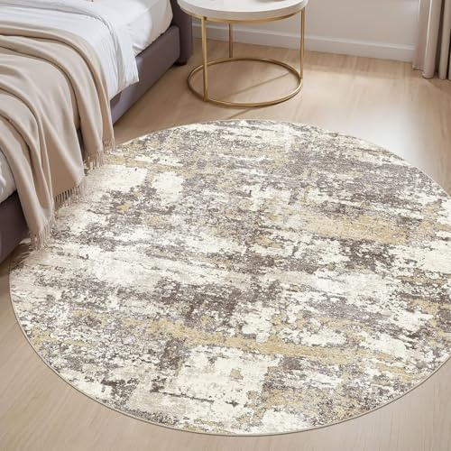 Generisch Teppich Runder,Modern Grau Weiß Abstrakt, Gelb, ø 110 cm, Teppiche Küche Esszimmer Wohnzimmer Schlafzimmer auch für Außenbereich Balkon