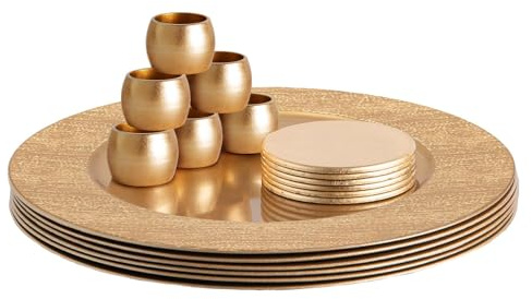 Argon Tableware Round Charger Plates Set with Coasters & Napkin Rings - 33cm - Gold Rib - 18pc Reusable Hard Plastic Dinner Table Setting Wedding Party Decorative Serving Tableware Chargers