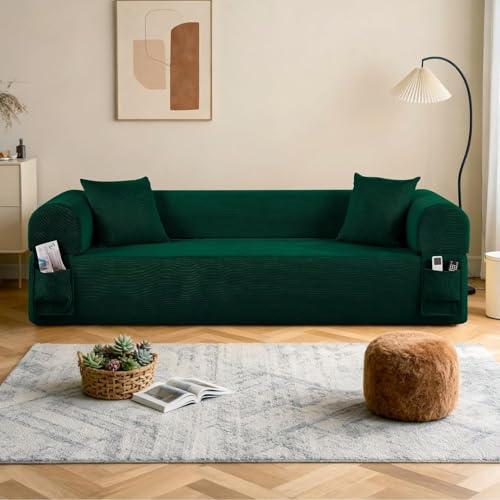BMMB Modernes Dreisitzer-Sofa (83 Zoll), rahmenloses Cord-Wohnzimmersofa mit 2 Kissen und 2 Poufs, Keine Montage erforderlich, geeignet für Wohn- oder Schlafzimmer (Grün)