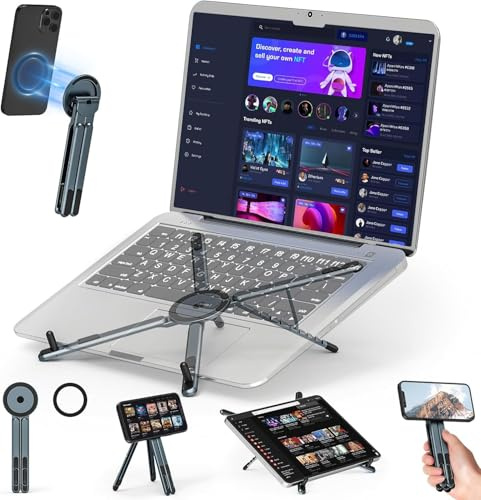 WOOFOOLA 3 in 1 Portable Laptop Stand, Aluminum Foldable Desk Tablet Stand, Adjustable Magnetic Ipad Phone Holder for All Laptops, Tablets, Smartphones