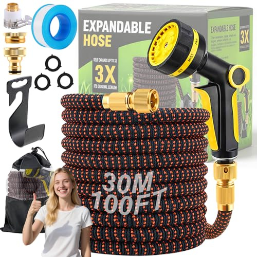 RIZENCE Upgraded 30-100ft Expandable Garden Hose Pipe, Anti-Kink Flexible Expanding Garden Water Hose with 10 Function Spray Gun, 3/4 & 1/2 Connectors, 4 Layer Latex Core Hosepipes for Garden (30m)