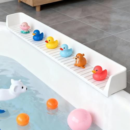 Dreamtop Paraspruzzi per vasca da bagno, mensola da gioco per vasca da bagno, vassoio per giocattoli per vasca, paraspruzzi in silicone previene fuoriuscite d'acqua in bagno (bianco)