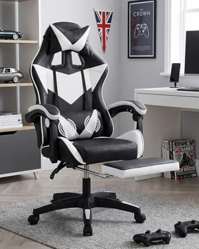 Gaming Chair with Footrest and Massage Lumbar Support, Ergonomic High Back Video Game Chair with Headrest, Adjustable Reclining Leather Computer Chair for Kids, Adults, Gifts for Gamers, Black/White