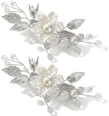 2 pinzas para el pelo con diseño de flor de perla, hojas plateadas, para boda, con diamantes de imitación, elegantes pasadores de flores para mujer, pieza de pelo de boda, fiesta