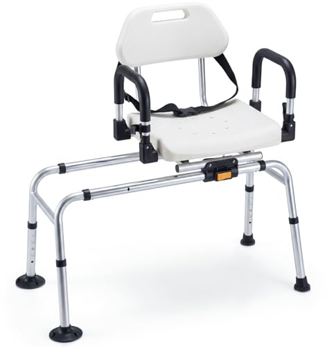 COSTWAY Banc de Transfert Baignoire Coulissant, Chaise de Douche Antidérapant, Hauteur Réglable 5 Niveaux, Accoudoirs Relevables, Sièges de Douche Pivotant pour Âgées Handicapées Enceintes