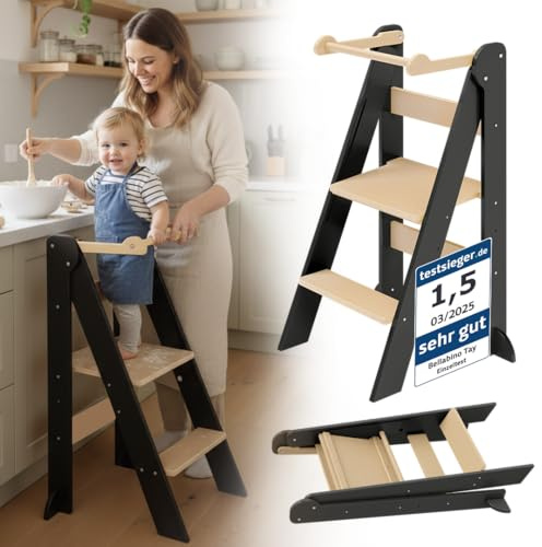 Bellabino Tay Lernturm ab 1 Jahr, Grau/Natur, klappbar, höhenverstellbar | Learning Tower Kinder, 2-fach verstellbar, Montessori Stehturm aus Birkenholz, sicherer Tritthocker mit Kippschutz, Lernstuhl