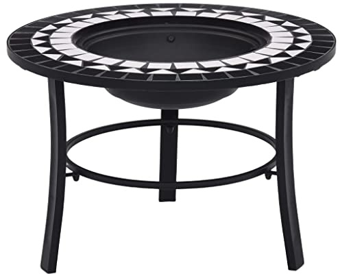 Kaloriko Foyer mosaïque Noir et Blanc en céramique et Acier 68 cm, brasero de Jardin avec Grille, Support à Trois Pieds, Table d appoint, décoration Patio et Ambiance Chaleur pour soirées fraîches