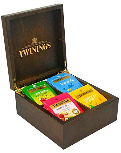 SCATOLA IN LEGNO 4 SCOMPARTI + PZ 40 BUSTINE TE' TWININGS ENGLISH BREAKFAST, EARL GREY, AGRUMANCE TEA, THE FOUR RED FRUITS, LEMON SCENTED, INTENSE PREMIUM, GREEN TEA