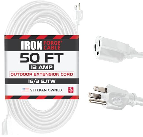 Iron Forge Cable White Extension Cord 50 ft for Outdoor & Indoor, 16/3 SJTW Weatherproof Heavy Duty Outdoor Extension Cord 3 Prong, 13 Amp Power Cable for Outside, Outdoor Lights, Lawn & Home Office