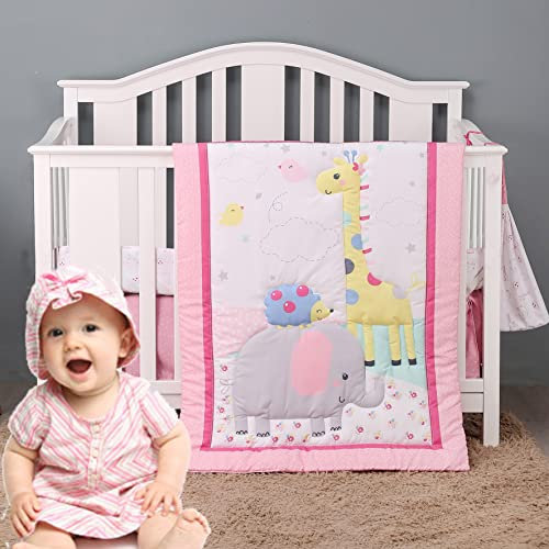 Brandream Babybettwäsche-Set für Mädchen, Jungen, Elefant, Kinderzimmer-Bettwäsche mit Bettdecke, Spannbetttuch, Bettrock, Windel, stapelbar, Dschungeltiere, Elefant, Giraffe, Vogeldruck, 4-teilig
