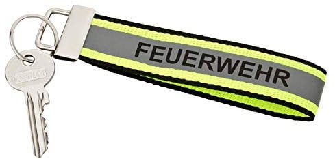 PACOTEX FEUERWEHR Schlüsselanhänger 140x30mm schwarz mit gelb silber gelb Optik, reflektierendem Streifen und Schlüsselring