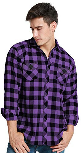 JEETOO Homme Chemise à Carreaux Manche Longue Casual Slim Fit en Flanelle (Violet Noir, Large)