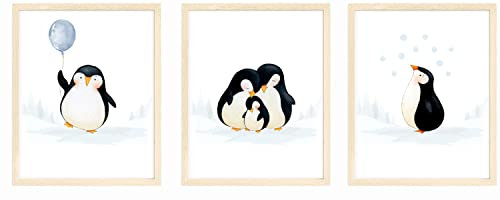bumbleboo Baby Pinguin Kinderzimmer Wanddrucke Spielzimmer Dekoration Kinderzimmer Wandkunst Kinderzimmer Zimmer Dekor Pinguin Familie Druck Set ungerahmt 3er Set Drucke 8x10 (blau)