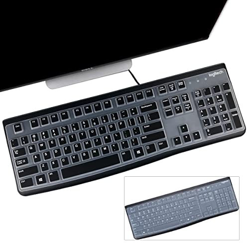 2 Pack Keyboard Cover for Logitech K120 & MK120 Ergonomic Desktop USB Keyboard, Logitech K120 & MK120 US Layout Waterproof Anti-Dust Keyboard Skin-Black+Clear