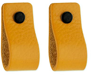 Brute Strength - Poignées en cuir pour meubles - Ocre jaune - 2 pcs - 12,5 x 2,5 cm - Poignée de meuble, Poignée de porte pour cuisine, salle de bain, armoires, commode, bois