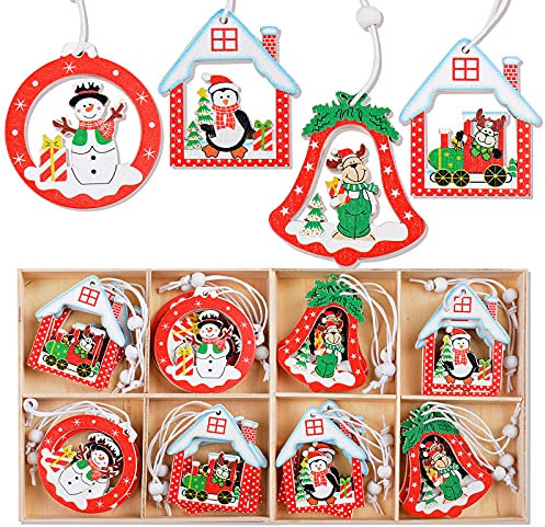 24pcs Colgante Madera de Navidad Adorno Decoración de Árbol de Navidad Colgante Decorativo Colores Renos Muñeco de Nieve Casa de Navidad Decoración para Fiesta de Navidad
