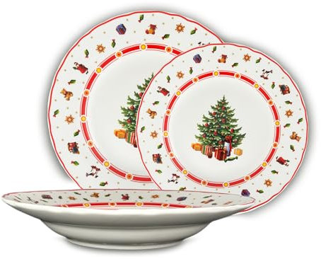 Maison Tortorà - Set 18 Piatti Natalizi in Porcellana, Decoro ALbero di Natale