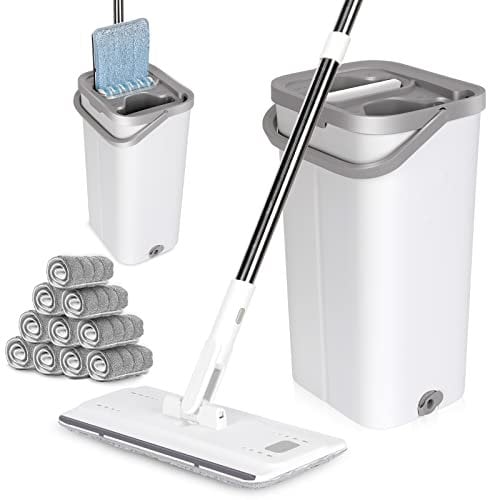 MASTERTOP Juego de fregona Plana y Cubo, fregona de Microfibra con 5 Almohadillas Reutilizables para fregona y Mango de Acero Inoxidable, Manos Libres, mármol, Madera Dura (Blanco)
