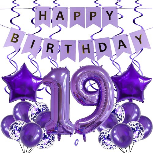 SNOWZAN Luftballons 19. Geburtstag Dekoration Lila Happy Birthday Lila 91 deko 32 Zoll Riesen Zahlen Ballons,Latex Folienballons 25 Stück