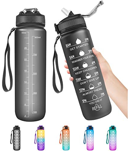 1 Litre Water Bottle with Straw, Time Markings Motivational Sport Water Bottle, Bpa Free Tritan Drinks Bottles for Girls, Boy, Fitness, Outdoor, Cycling, Gym, School & Office (Matte Black)