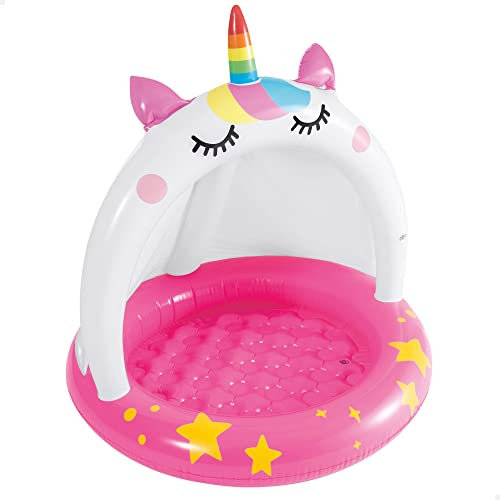 Intex 58438 Piscina Hinchable Unicornio, con Techo y Suelo Hinchable, Piscina Bebe, Medidas 102 cm de Diámetro y 102 cm de Alto, Incluye Parche de Reparación, Capacidad de 45 litros