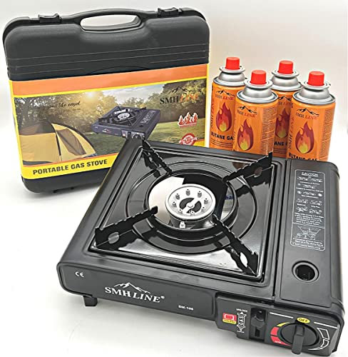 SMHLINE® Réchaud à gaz de camping avec 4 cartouches de gaz de 227 g - Mallette de camping - Cuisinière d'extérieur - Barbecue de table - 1 feu