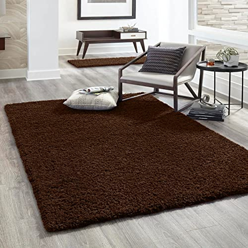 VIMODA Hochflor Teppich Prime Shaggy Langflor Wohnzimmer Schlafzimmer Modern Farben, Farbe:Braun, Maße:Ø 80 cm Rund