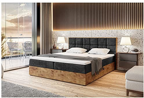 MEBLINI Boxspringbett mit Bettkasten - Gepolstert Doppelbett mit Matratze und Topper - Polsterbett mit Stauraum - Bett mit Kopfteil - Stauraumbett - Lofty 1-160x200 - H3/Schwarz Samt