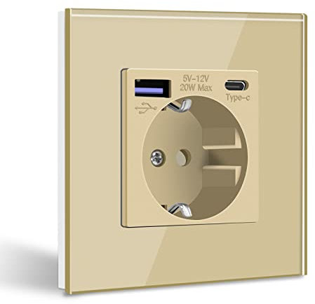 BSEED Schuko Steckdose mit USB C 20W Schnellladegerät USB Type C Wandsteckdose mit Glas Panel, USB Steckdose Unterputz, Einbausteckdose Geeignet für Phone, Pad,MP3 und mehr-Gold