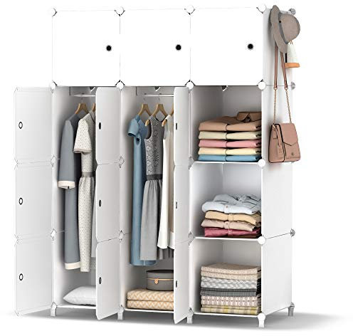 HOMIDEC Kleiderschrank, Tragbarer Regalsystem,12 Würfel Schrank aus Kunststoff mit 3 Kleiderstange, Schlafzimmerschrank kleiderschrank Weiss für Schlafzimmer