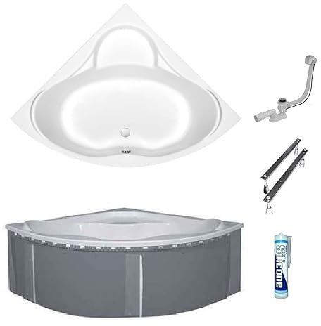 ECOLAM symmetrische Badewanne Eckbadewanne Venus Acryl weiß 150x150 cm + Wannenträger zum Befliesen + Ablaufgarnitur Ab- und Überlauf Automatik Füße Silikon Komplett-Set