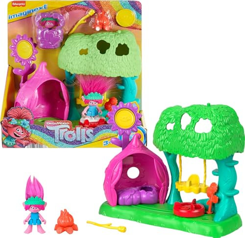 Fisher-Price Imaginext DreamWorks Trolls Spielzeug, Blumen-Spaß-Campingplatz-Spielset mit Mohnfigur, für Kinder, ab 3 Jahren