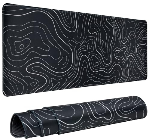 Gaming Mouse Pad Large 31.5 x 11.8in Topographic Keyboard Mousepad for Non-Slip Base and Stitched Edge, Extended Desk Pad XL Desk Mat (Black)