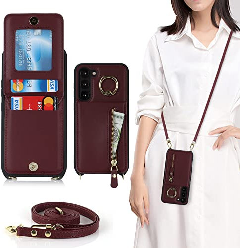 Cavor Coque Samsung S23 avec Cordon,Flip Portefeuille Étui Cuir,[9 Porte Cartes][Ring Support][Bouton],Collier Coque Housse Etui pour Samsung Galaxy S23 - Bordeaux