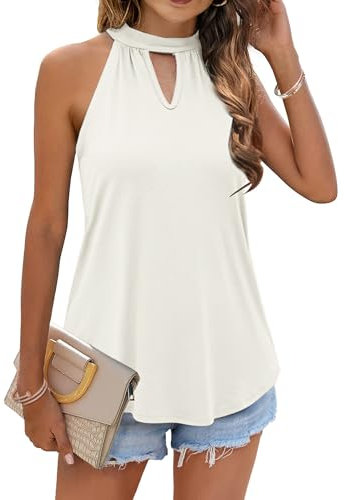 WNEEDU Damen Tank Tops Sommer Neckholder Ärmellos Oberteile Rundhals Schulterfrei Elegant Blusen Top Shirts Cremeweiß M