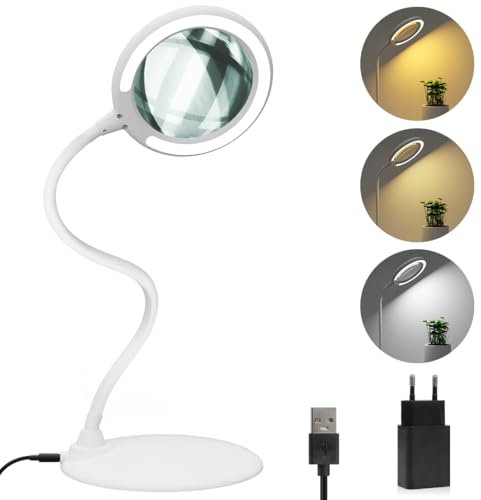DUDSOEHO 3X Lupe mit Licht und Ständer - Lupenlampe mit 3 Farbeinstellungen für Arbeit, Lesen, Hobbys, Nähen, Basteln (Weiß)