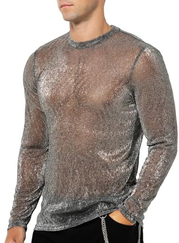 Casey Kevin Herren Langarmshirts Muskel Transparent Hemd Mesh Shirts Sparkle & Shine Shirts Netz T-Shirt Durchsichtig Rundkragen Oberteile Clubwear, M