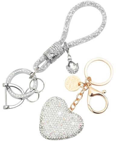 Johiux Herz Schlüsselanhänger Auto mit Glitzer Strass,Schlüsselanhänger Damen Autoschlüsselanhänger Glitzer Keychain,Muttertag Weihnachten Valentinstag Geschenke für Frauen Mädchen. (Weiß)