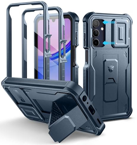 Dexnor pour Coque Samsung Galaxy A15【Double Cadre Avant et Support】 avec CaméRa Coulissante Intégrée & Protecteur d'écran, Coque de Protection Robuste Résistante Aux Chocs - Bleu Marine