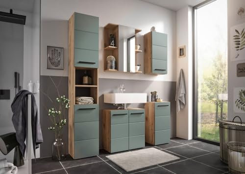 moebel-dich-auf Badezimmer Badmöbel Vail Korpus Viking Oak 5-St., Hochschrank, Spiegelschrank, Wbu, Set 1 Schilfgrün