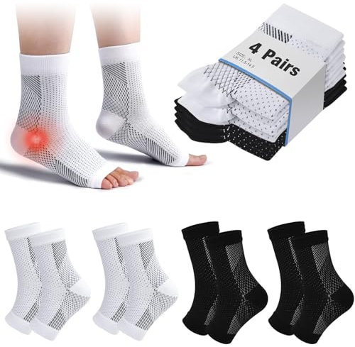 4 Paar Kompressionssocken Damen Herren Sprunggelenkbandage Kompressionsstrümpfe Knöchelbandage Fußbandage für Plantarfasziitis Arthritis Verstauchte Knöchel Fersensporn Sport (Schwarz+Weiß, 34-37)