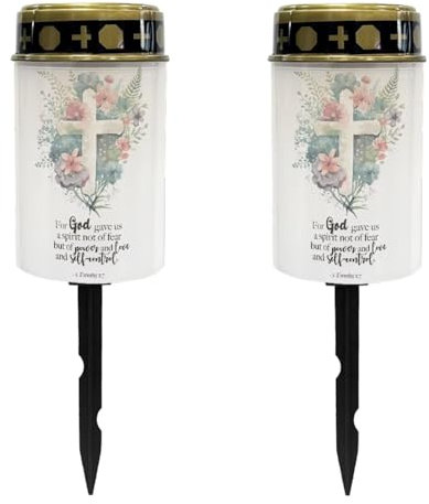 Uorisanigo Luci commemorative solari floreali a forma di croce, per tombe senza fiamma, lampada a candela impermeabile a energia solare per preghiera, cimitero, decorazione da giardino, 2 pezzi