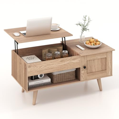 CASART Lift Top Coffee Table, Lift Up Tea Table with Hidden Storage & Open Shelf, Modern Low Table Rectangular Center Table for Living Room Office, 100 x 50 x (46-60) cm (Natural)