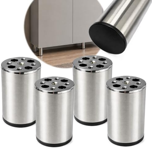 HOOZ 4er Set Möbelfüße Edelstahl gebürstet | Möbelbeine Silber matt 100 mm | Moderne Schrankfüße mit Kunststoffgleiter für Tische, Regale, Kommoden, TV-Möbel | Robuste Schraubmontage für DIY-Projekte