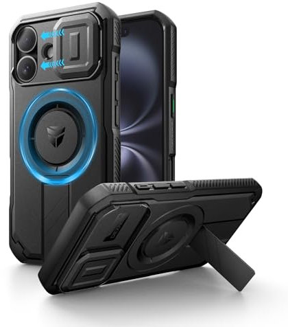 Dexnor for iPhone 16 Case with Slide Camera Cover & Adjustable Kickstand, Magnetic Rugged Shockproof Bumper Cases Heavy-duty Mangetic Protective Cover - Black