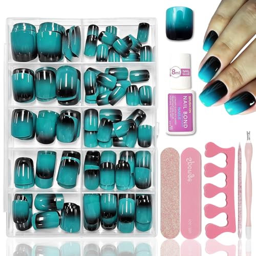 240 Stück Press on Nails Square Set - Schwarz Farbverlauf Blau Fake Nägel - Gradient Künstliche Nägel Kurz - Glänzend Kunstnägel Zum Aufkleben für Frauen Mädchen (Black Blue)