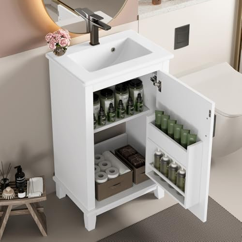 OOIILLEE Meuble de Salle de Bain sur Pied avec Vasque 51x34x83cm, Meuble Vasque avec étagères réglables, avec Cadre de Porte, entièrement Peint, lavabo en céramique intégré, Blanc